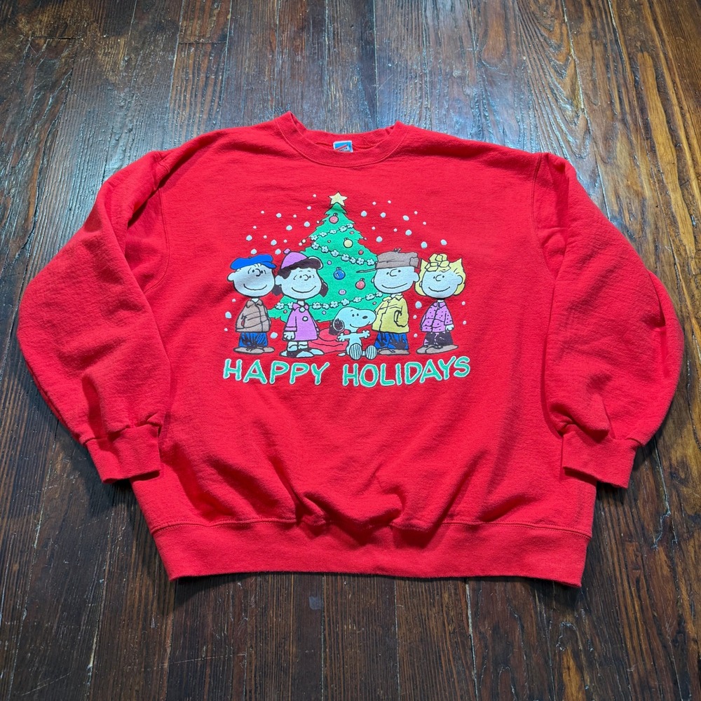 Peanuts Christmas Sweatshirt Mens XL Red Happy Holidays Charlie Brown Snoopy
